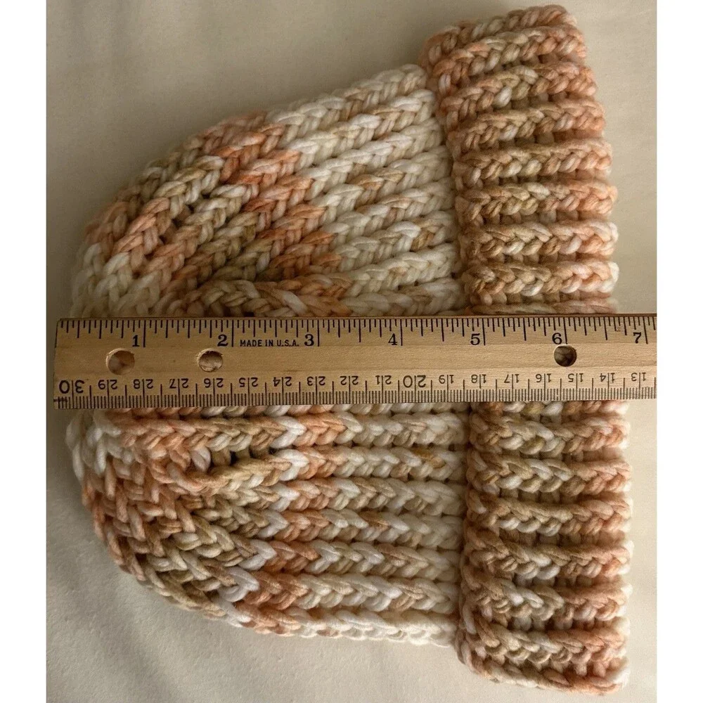 Handmade Knit Beanie Hat Pink White Brown Winter Warm Cozy